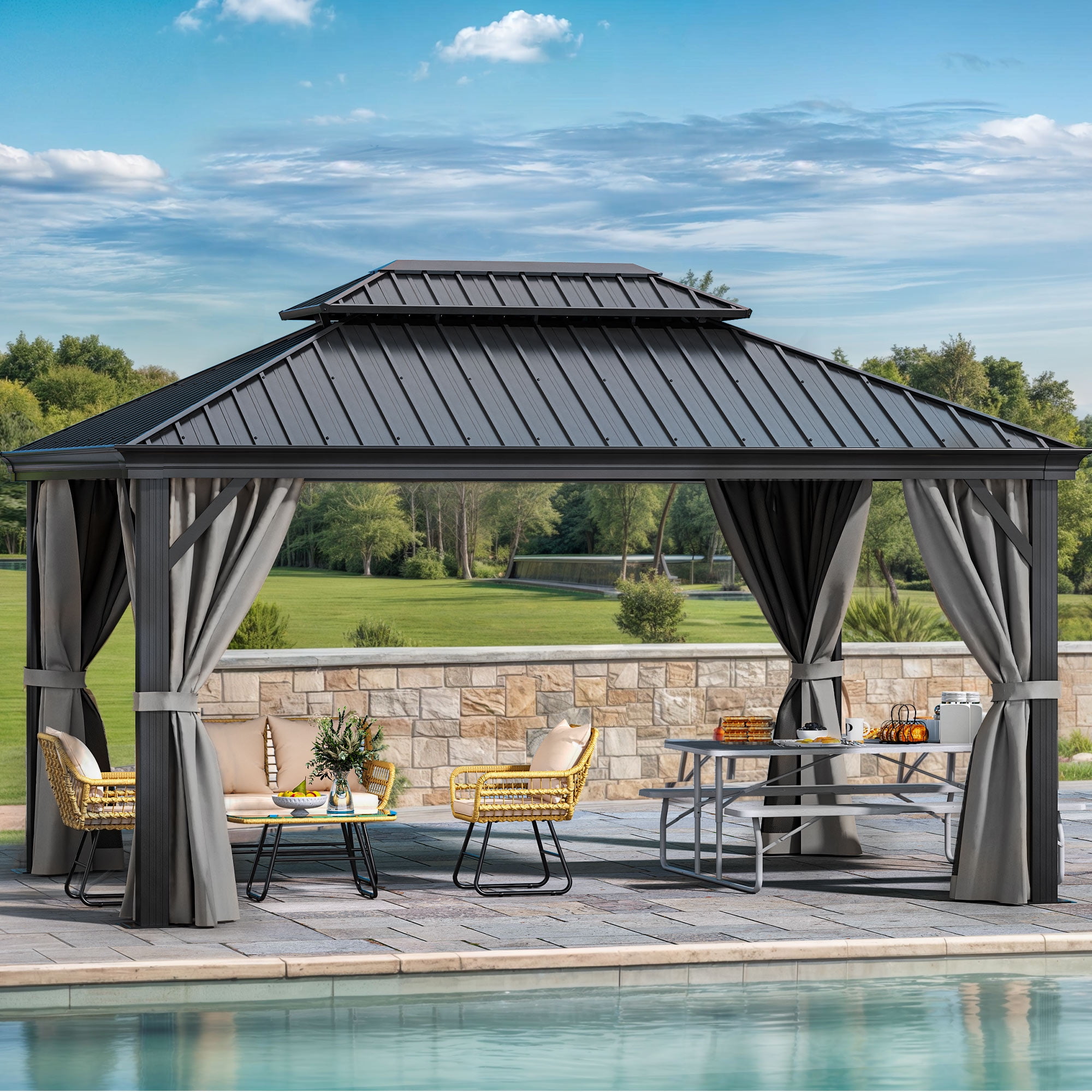 Dextrus 12' x 16' Large Outdoor Hardtop Gazebo with Netting & Curtains, Heavy Duty Double Roof Galvanized Steel Garden Tent for Patio, Backyard, Black&Gray