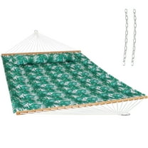Sunnydaze 2-Person Quilted Polyester Spreader Bar Hammock, 450 lb - Green Palm Leaves