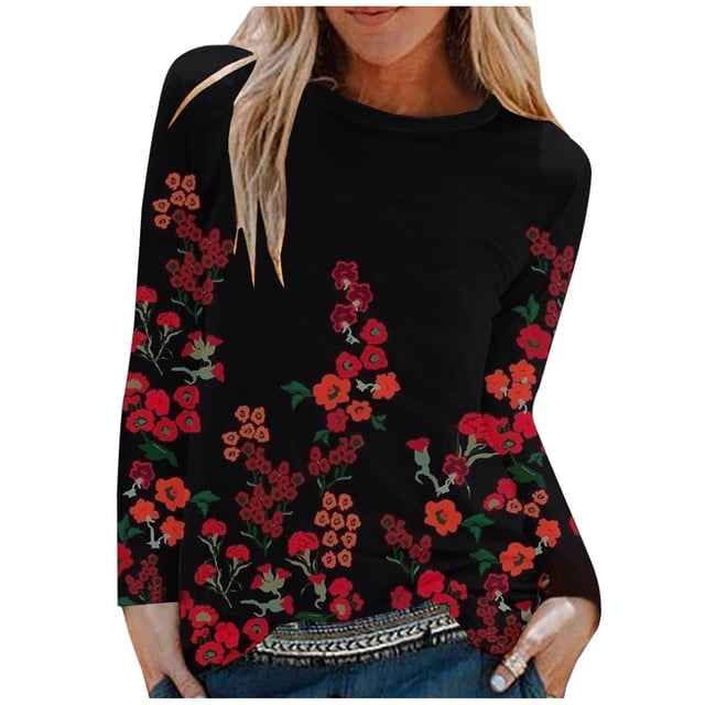 Women Multiple Color Sexy Flowy Nice Round Collar Printing Long Sleeve 95%Polyester,5%Spandex Top(Red,L)