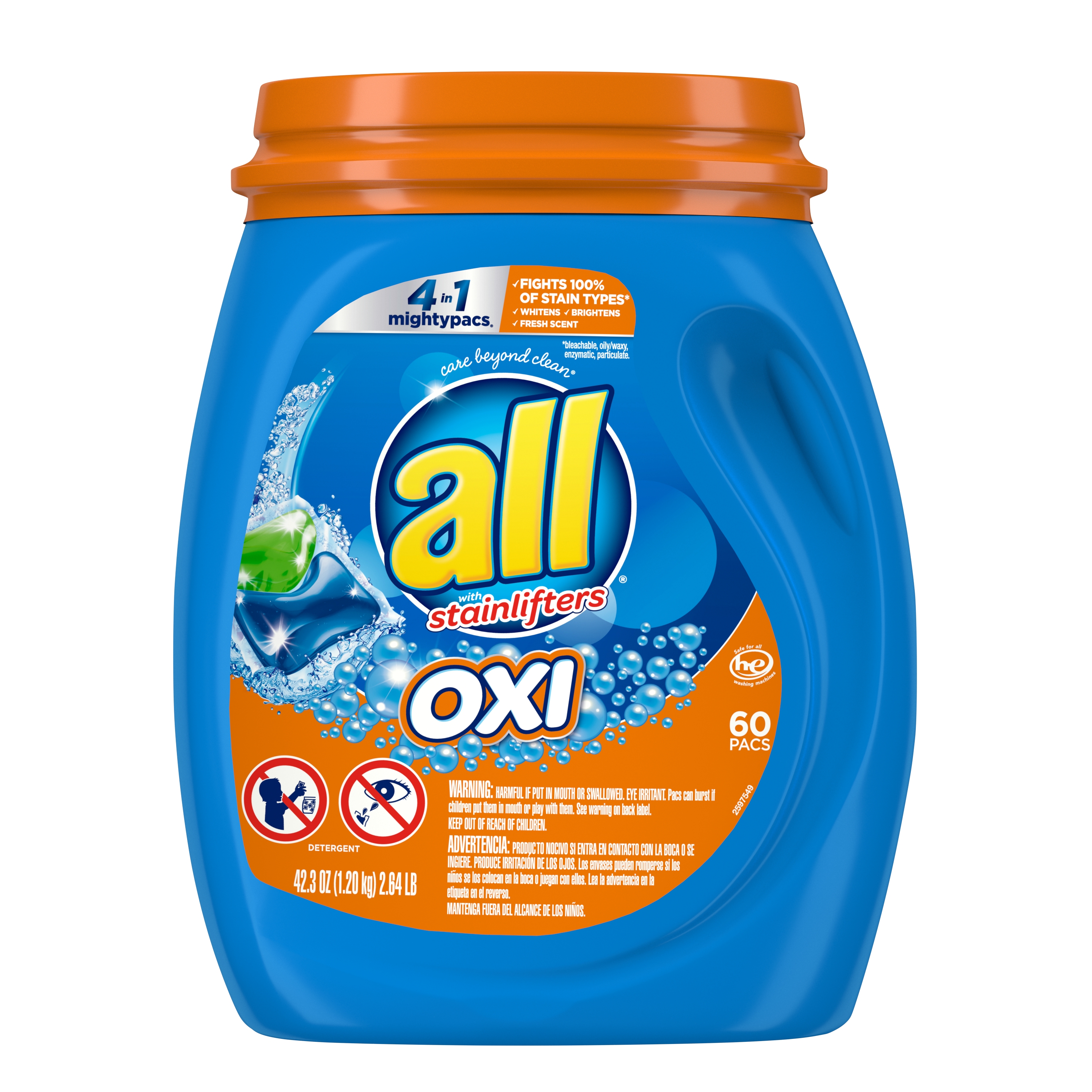 all Mighty Pacs Laundry Detergent, 4 in 1 with OXI , Tub, 60 Count