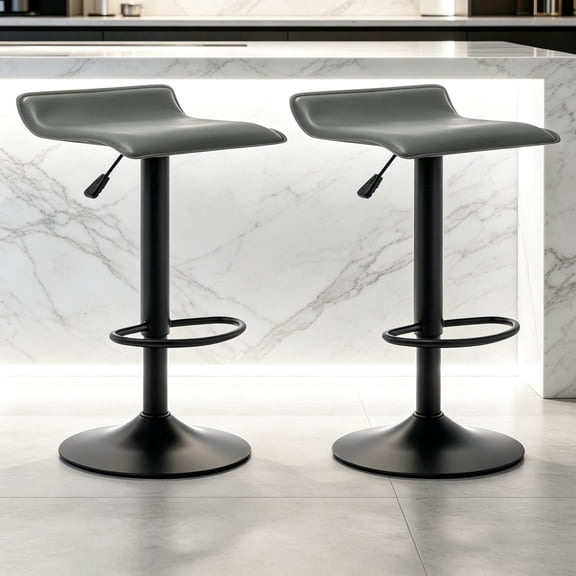 Adjustable Backless PU Leather Bar Stools Set of 2, 360° Swivel Counter Height Bar Stools with Footrest, Modern Armless Kitchen Island Chairs (Gray, Black Base)