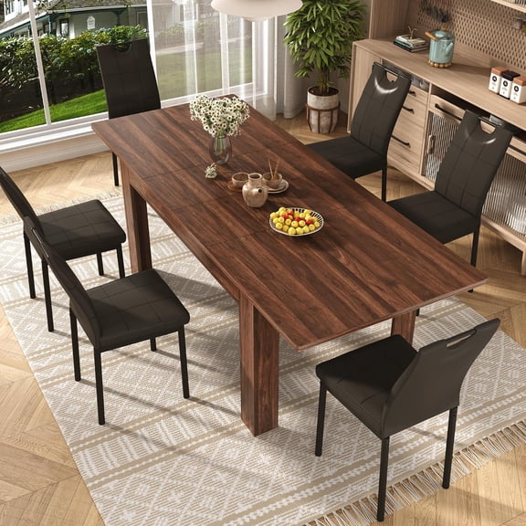 Aphthongs Extendable Dining Table Set for 6-8 People, 59" to 86" Rectangular Wood Dining Table with 6 PU Leather Upholstered Dining Chairs, Farmhouse Expandable Kitchen Table Set