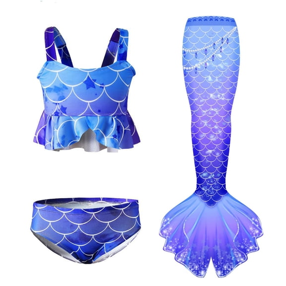 Kuleyang Girls Mermaid Bathing Suit 3PCS Cute Ruffle Tankini Swimsuits with Fish Tail Kids Beach Swimwear 4-13Y