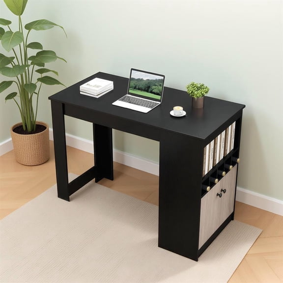 Topcobee 48 Inch Bar Table with Storage Cabinet and Wine Rack, Bar Stools Counter Height, Kitchen Bar Stools-Black