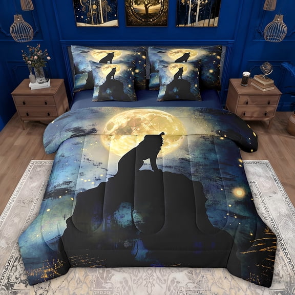 Feelyou Rustic Tribal Wolf Twin Bedding Sets 7-Piece, Mystic Moon Galaxy Bedding Comforter Set, Teens Kids Boys Girls Reversible Sheet Sets, Ultra Soft Bedroom Decor