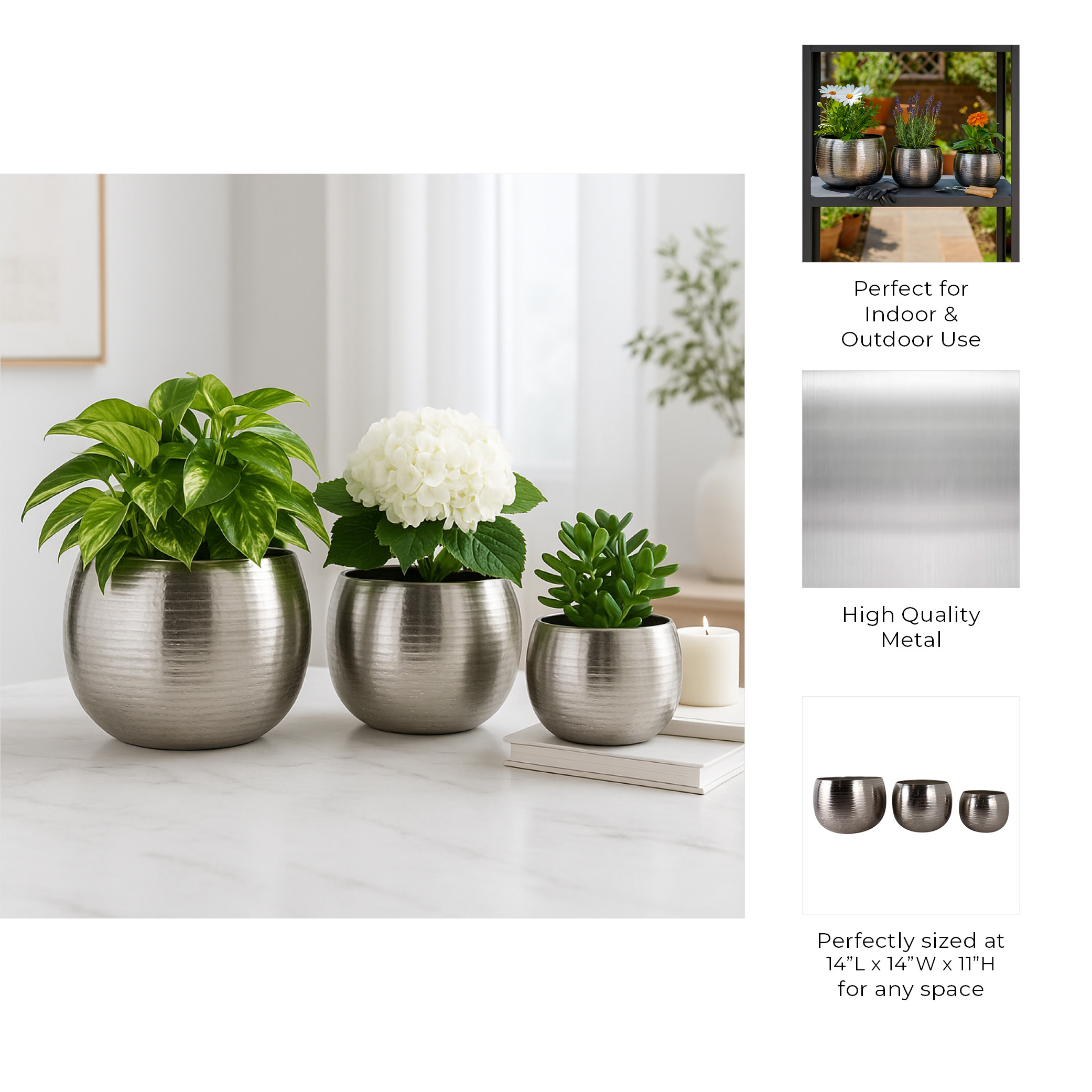 Modern Planters and Flower Pots for Home Decor - Metal Plant Pots Perfect for Indoor and Outdoor Houseplants - Stunning Accent for Garden, Patio, and Living Room Decor Set of 3 - 11", 10", 8" Silver