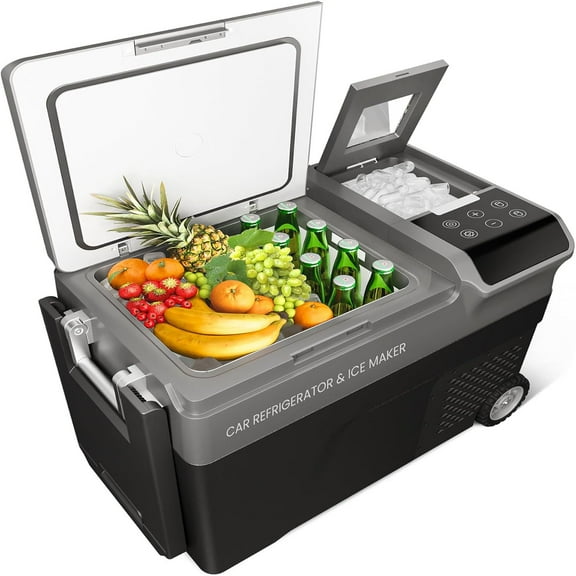 40QT 12V Car Refrigerator with Ice Maker, Compressor Refrigerator Car Fridge Dual Zone Portable Refrigerator Car Freezer Car Cooler with Wheels, Portable Refrigerator -4℉-68℉ for Camping, Travel