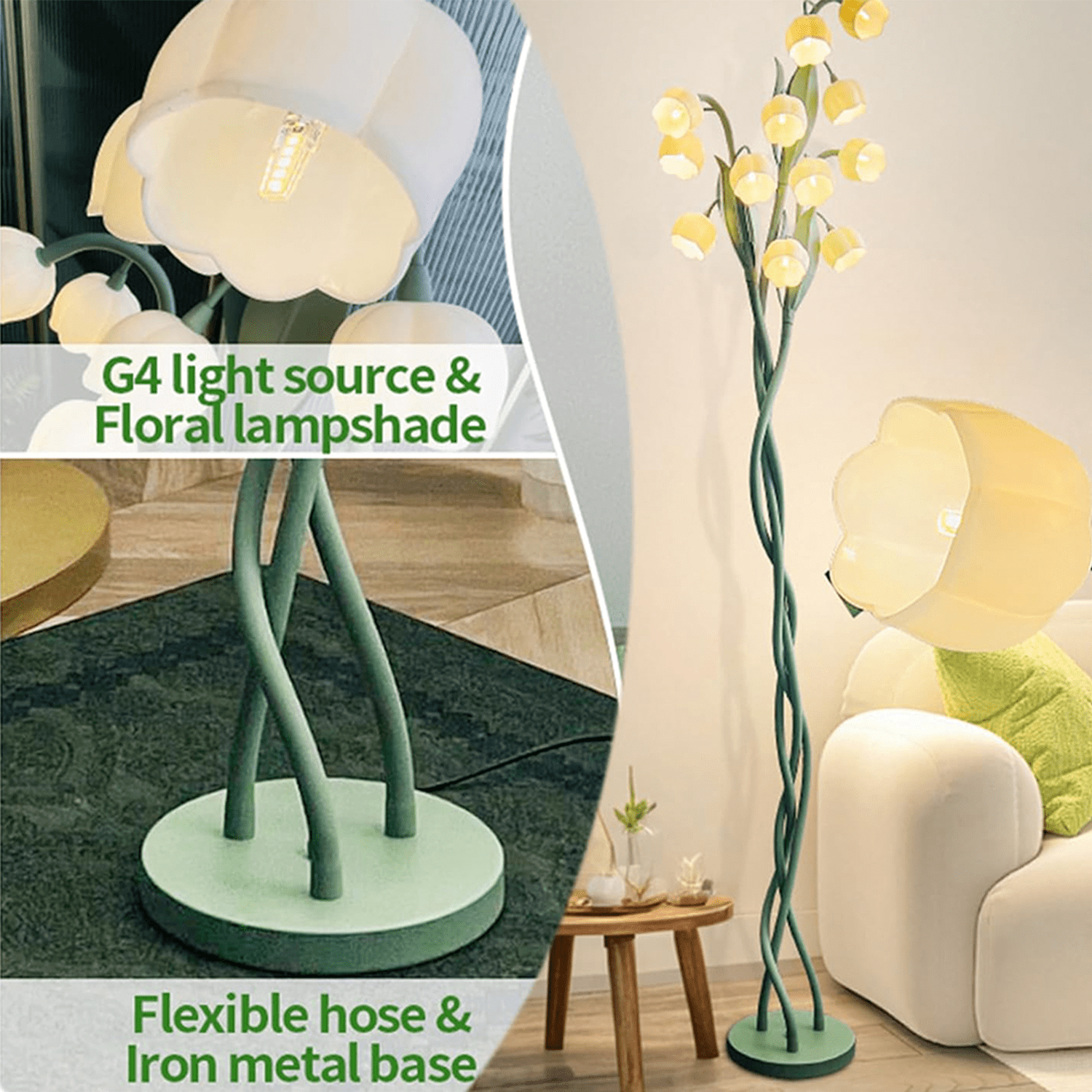 12 Heads Flowers Floor Lamp: Adjustable Lily of the Valley Light with 3 Bendable Stems - Retro Vintage Style 63-Inch Tall Floor Lamp for Living Room - Plug In Ready with Cream Bulb