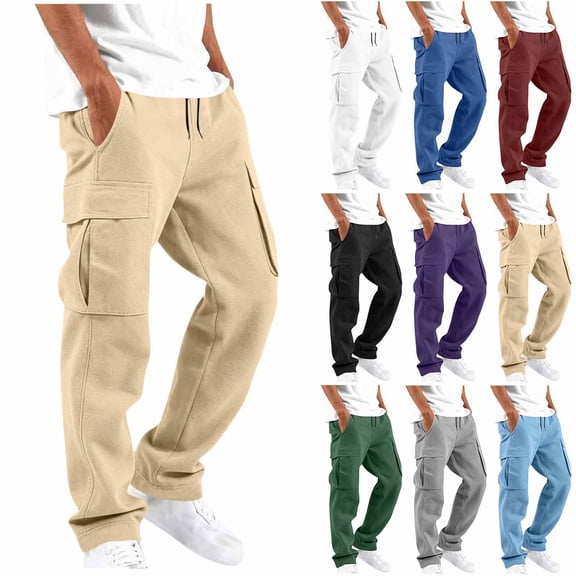 Cargo Work Pants for Men Solid Color Plus Size Drawstring Elastic Waist Pants with Multiple Pockets Breathable Long Trousers for Outdoor Daily Work