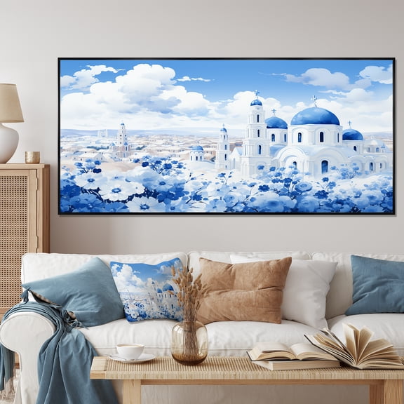 Designart "Coastal Orthodox Church Greece II" Extra Large Landscapes Framed Wall Art - Country Blue Greece Hallway Framed Wall Art Decor