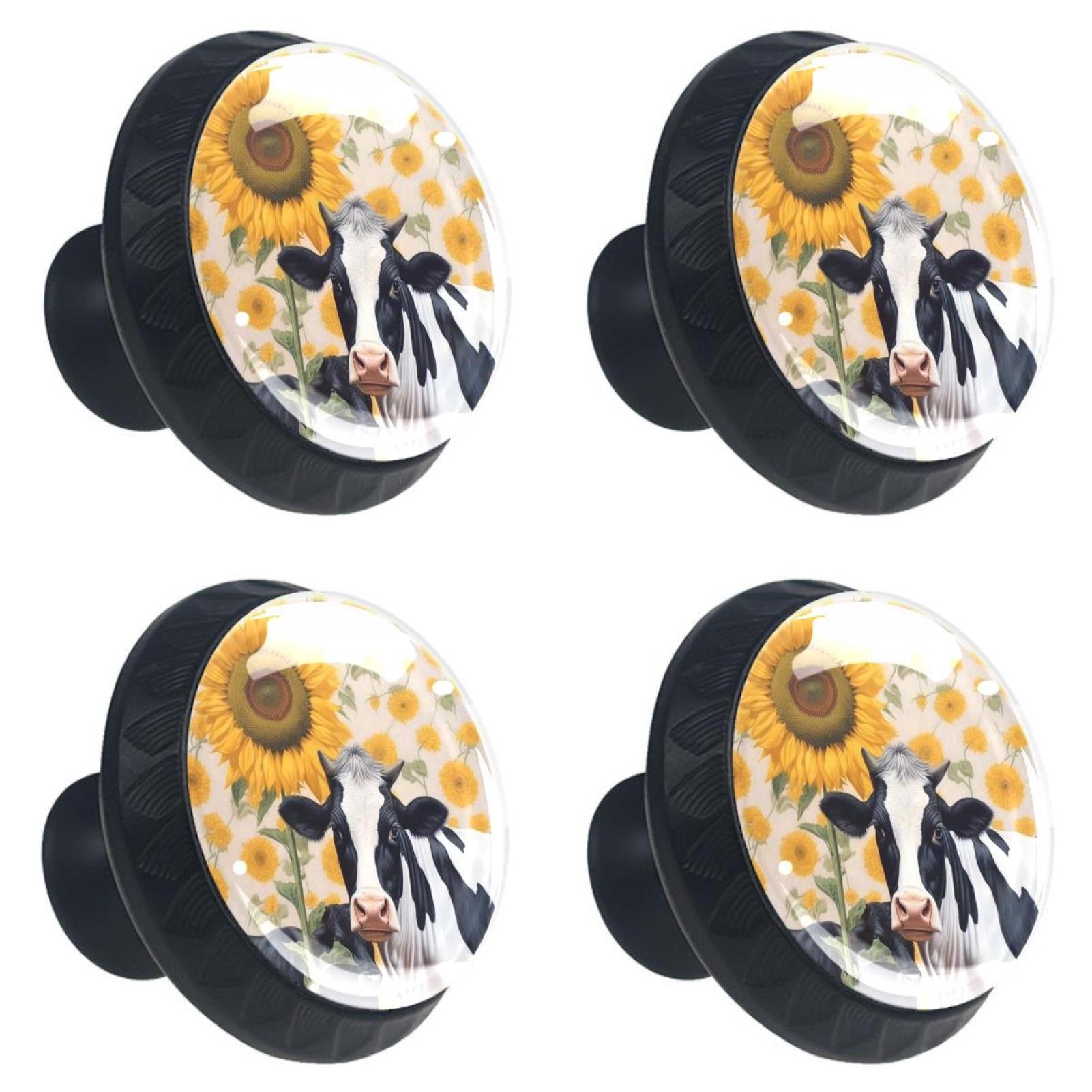 4 Pcs Cow and Sunflower Knobs for Kitchen Cabinet Cupboard Dresser Bookcase Drawer Pulls Handles Round Home Decor