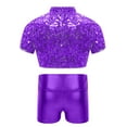 thumbnail image 4 of iiniim Kids Girls Sparkle Dance Crop Top with Shiny Hot Shorts Set Hip Hop Street Dance Performance Purple 8, 4 of 5
