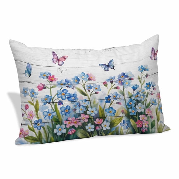 Blue Spring Floral Pillow Covers, Linen Long Throw Pillow Case, Pink Flowers Butterfly Wooden Watercolor Holiday Pillow Protector Decorative Cushion Cover for Living Room/Bedroom 12" x 20"