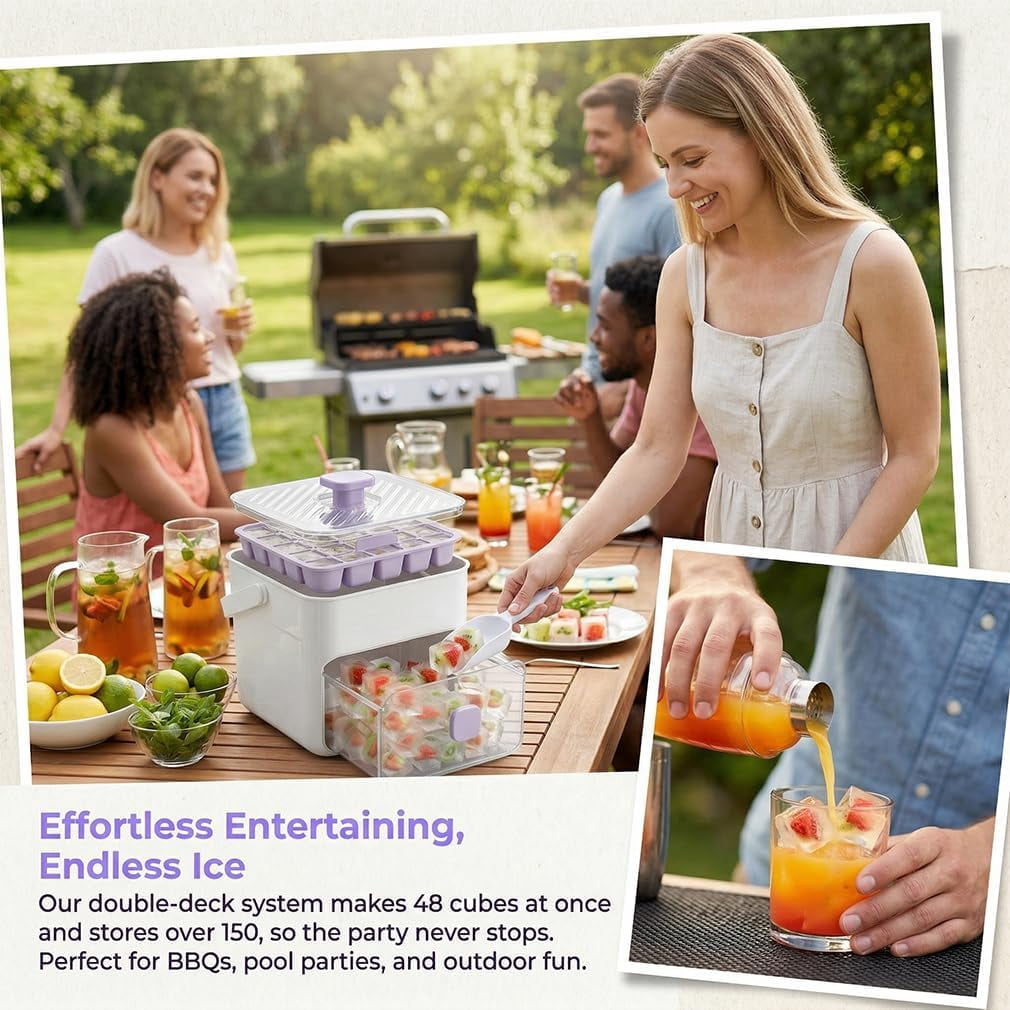 48 Cube Double-Deck Portable Ice Maker with Insulated Bag & Easy Press Lid,Silicone Trays,Counte,Produces 48 Ice Cubes,Stores Over 150 Cubes for DIY Whiskey,Outdoors,Parties