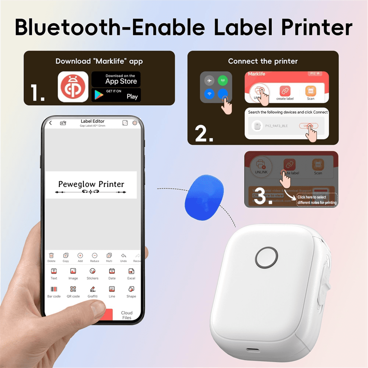 P12 Label Maker Mini Bluetooth Label Printer Portable Thermal Sticker Machine for Storage Barcode  Home