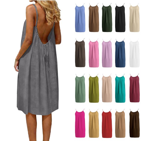 Admvng Womens Plus Size Dress Backless Solid Round Neck Sleeveless Casual Comfy Dresses