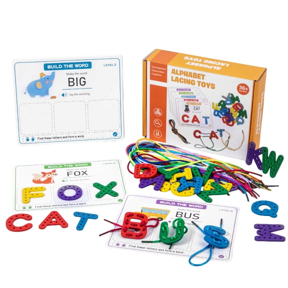 Wooden Alphabet Lacing & Spelling Toy for Kids,Ages 36 Months, Build-the-Word Cards, Fine Motor Skills, Colorful Letters, Lacing Strings Included