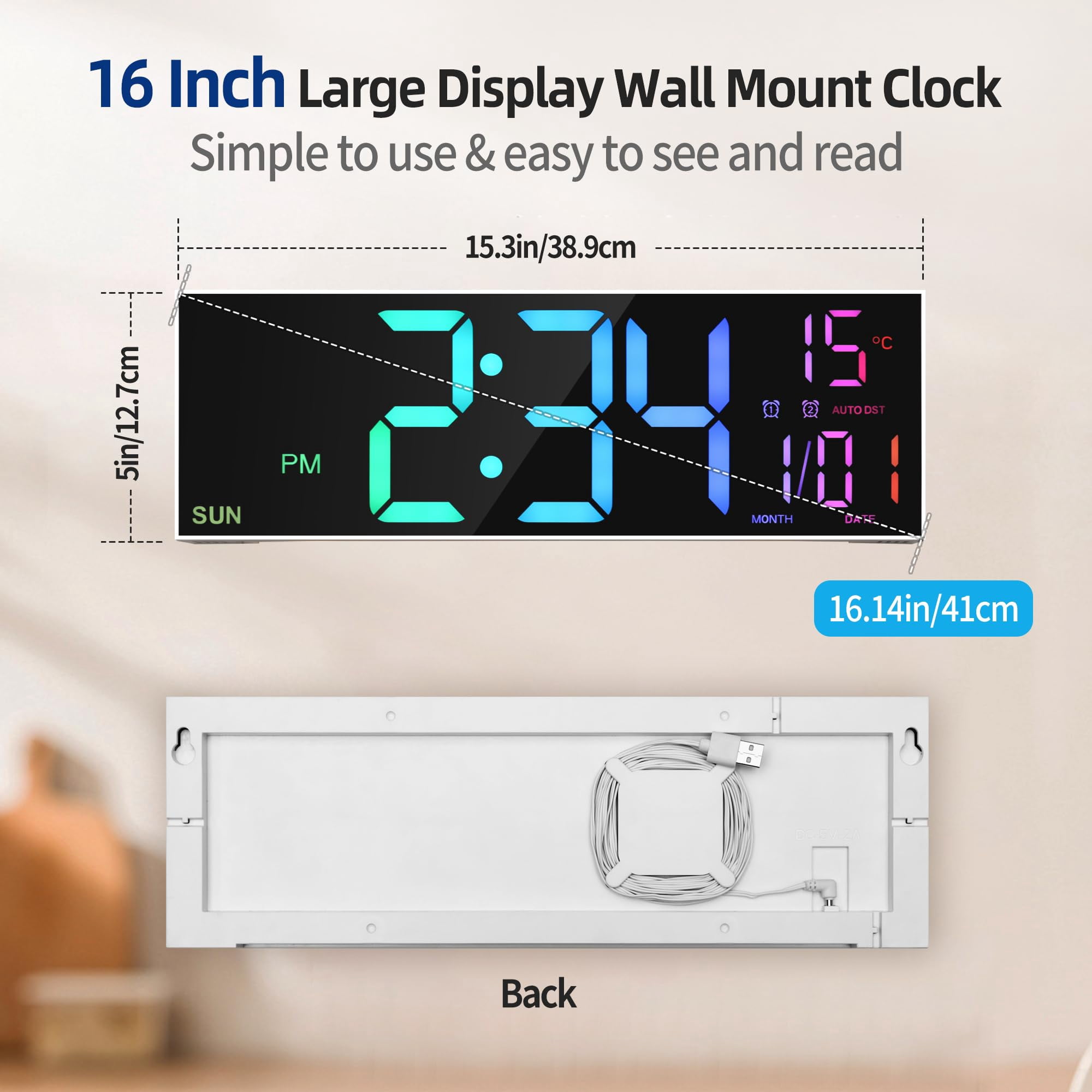 Mee 2ou 16" Large Digital Clock With Temperature, Date, Auto DST, Night Light, Auto Brightness Dimmer, 24/12-hour Wall Clock for Living Room Garage Office Classroom Gym Shop Decor