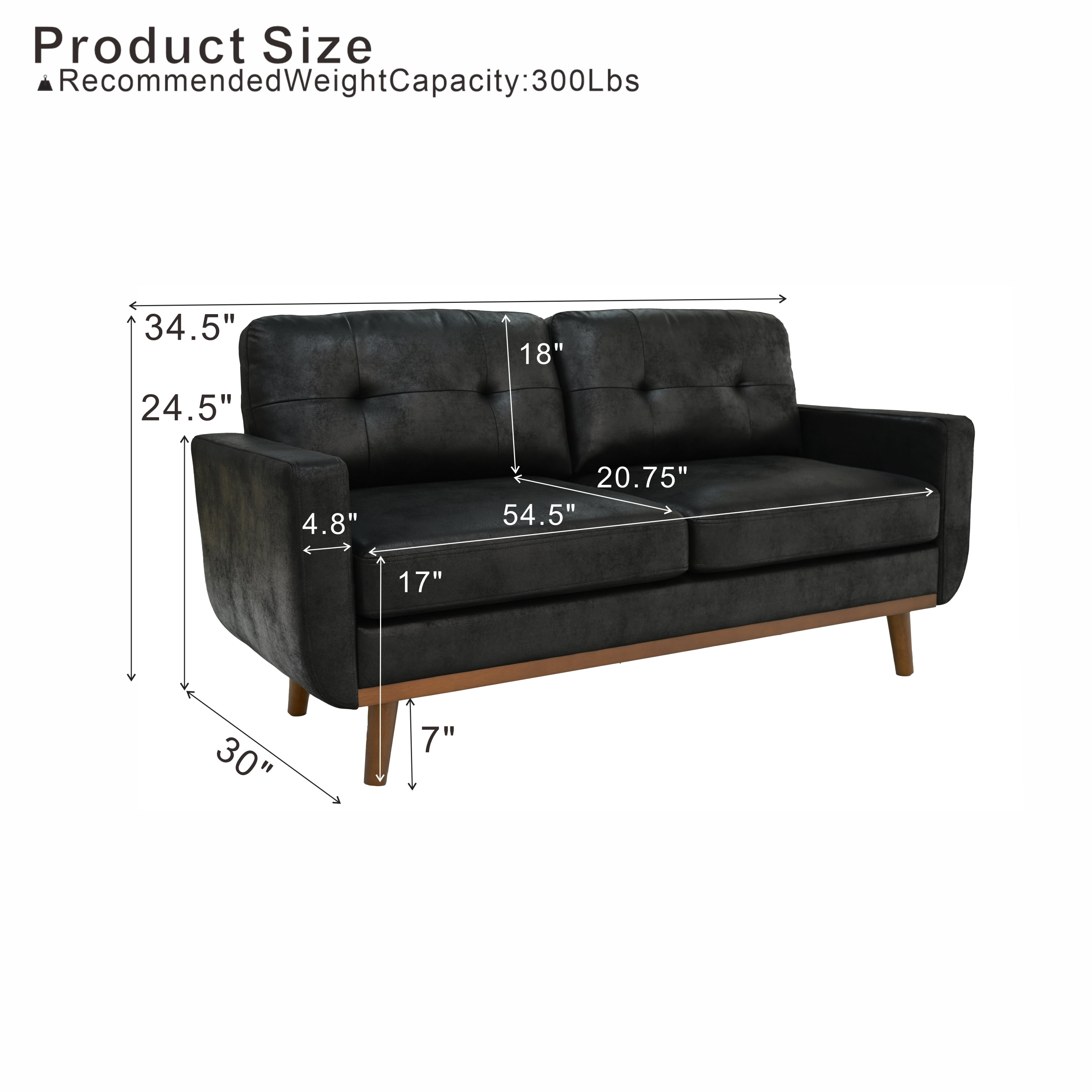 Lunale 65" Loveseat Sofa for Small Space, Modern Cozy 2-Seater Upholstered Couch with Wood Legs, Black Faux Leather