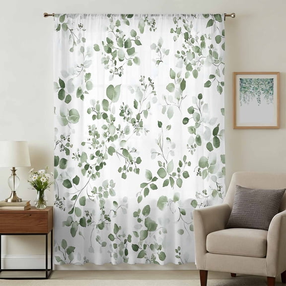 Botanical Leaf Print Sheer Curtains 45 Inches Long, Spring Emerald Foliage Eucalyptus Light Filering Curtains, Breathable Simi Curtain Privacy Drapes for Kitchen Bathroom Small Window Treatment