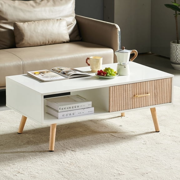 White Coffee Table in Rectangle Shape and with Solid Wood Legs, Comes with a Sliding Drawer, 40.94"L x 21.26"W x 16.34"H, 220lbs Bearing Capacity