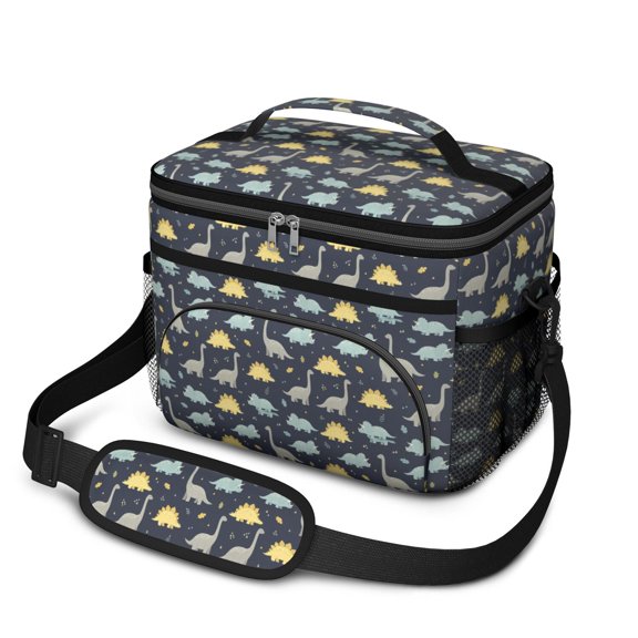 Dinosaur and Silhouette Navy Blue Insulated Lunch Box for Women Men, Medium Leakproof Cooler Bag with Adjustable Strap, 10"x6.7"x8"