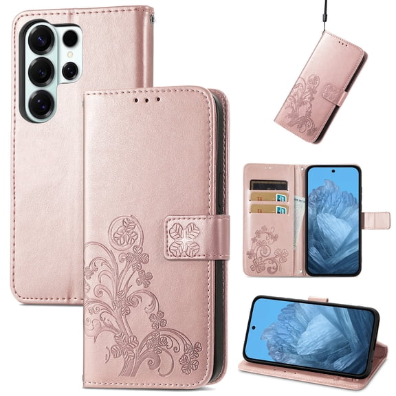 Dteck for Samsung Galaxy S25 Ultra, Shockproof Magnetic PU Leather Wallet Card Cash Holder Kickstand with Wrist Strap Flip Stand Phone Cover, Rosegold