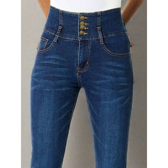 Women's Vintage Button Front Skinny Jeans Tummy Smoothing Leg Lengthening