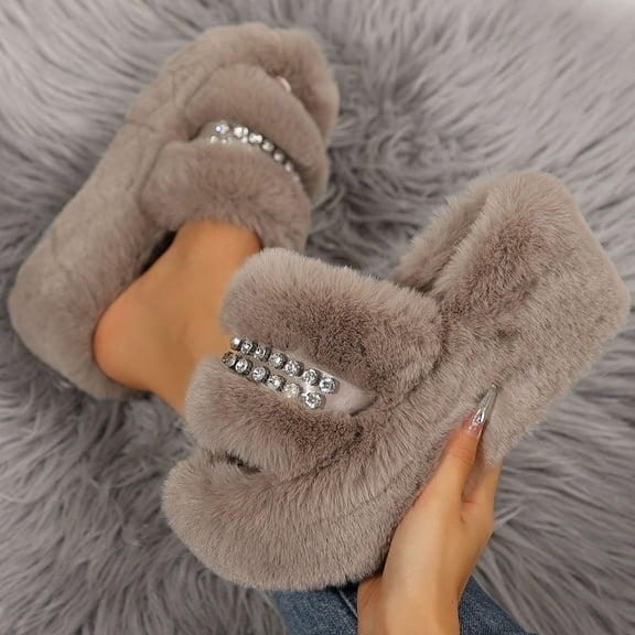 Roncen Women's Fashion Winter Slippers - Indoor Outdoor Warm Cotton Lined House Shoes with Solid Color Rhinestone Round Toe Flat Thick Sole Cozy Plush for Home and Outdoor