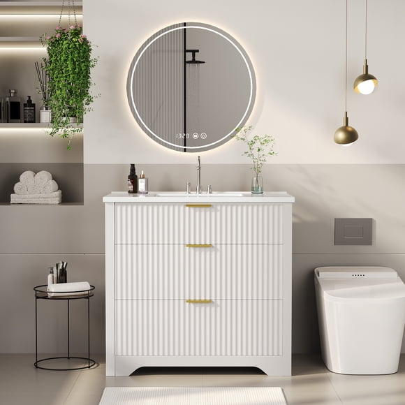 Fluted Bathroom Vanity with Sink, Farmhouse Freestanding Bathroom Cabinet with Ceramic Sink, 2 Drawers & Flip-Down Drawer Storage, Modern Bath Vanity, Easy Assembly