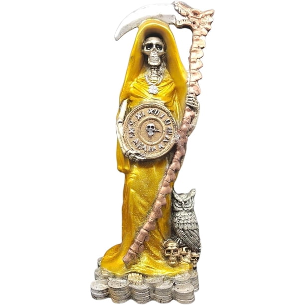 MORÍN Imágenes | Estatua de Santa Muerte con hoz y reloj| 38 cm| decoración con búho