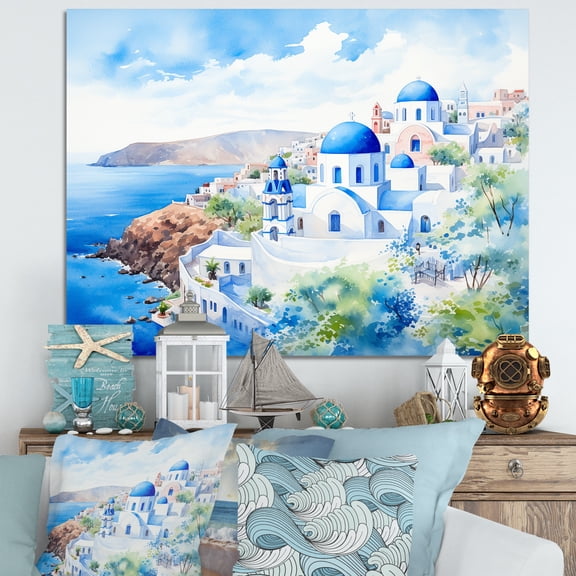 Designart "Coastal View of Santorini, Greece II" Landscapes Wall Art - Country White Greece Hallway Wall Art Decor