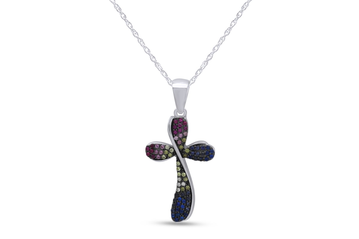 Rainbow Crystal Cross Pendant Necklace 14K White Gold Over 925 for