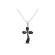 Rainbow Crystal Cross Pendant Necklace In 14K White Gold Over Sterling Silver With 18" Rope Chain