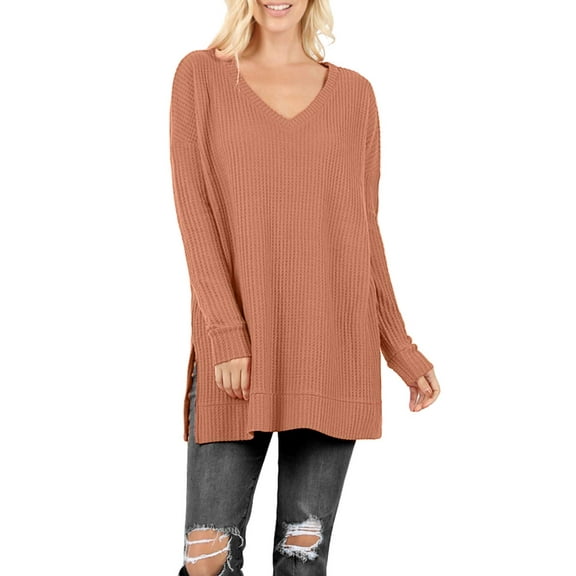 J. METHOD Women’s Knit Sweater Long Sleeve V-Neck Thermal Waffle Warm Casual Tunic Pullover Side Slit Knitted Top NEWT395 Eggshell 1XL