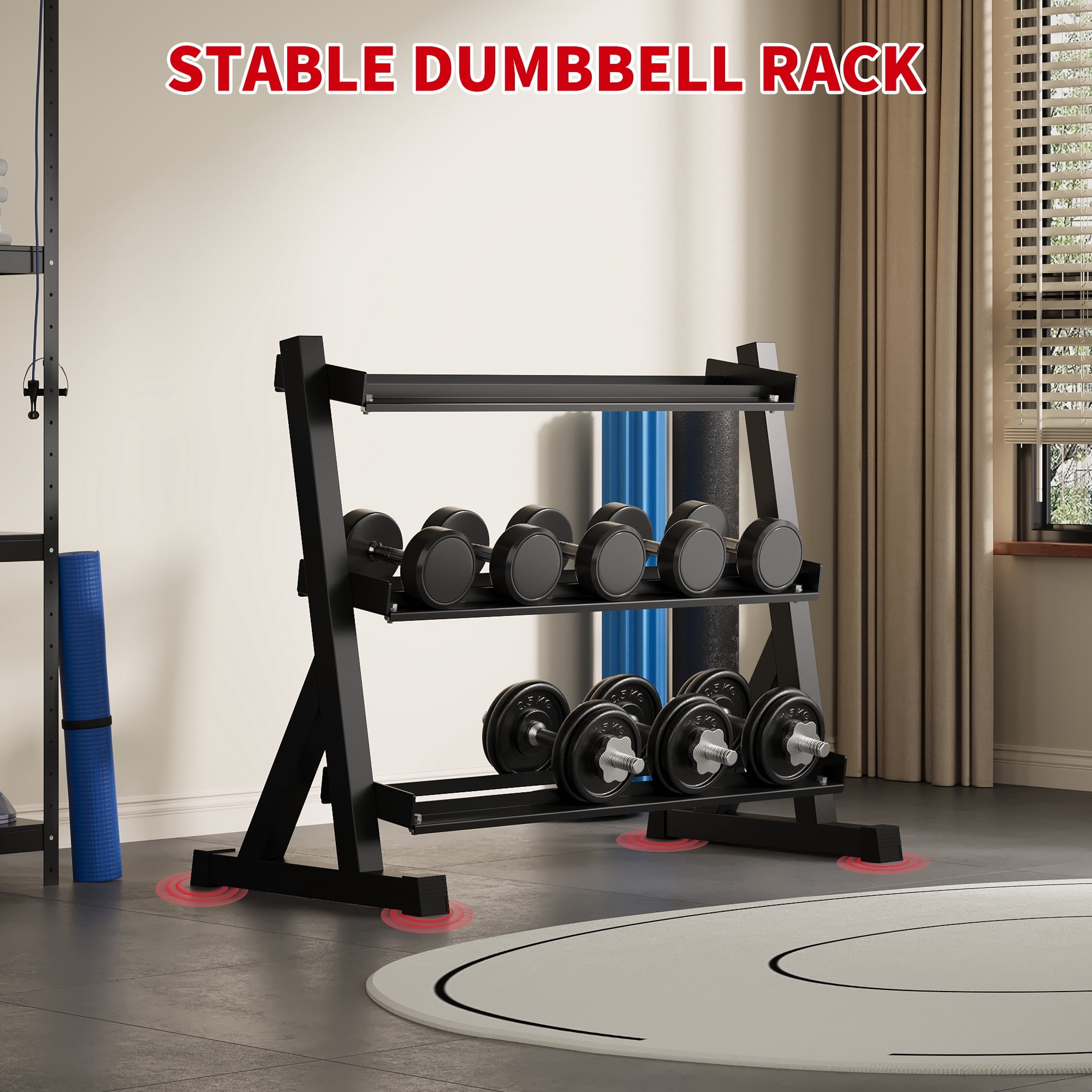 Volkmi 3 Tier Dumbbell Rack Stand, Carbon Steel Weight Storage Rack for Dumbbell Set, 1000 lb Capacity, Black Finish, Angled Shelves for Home Gym, Garage, and Commercial Use