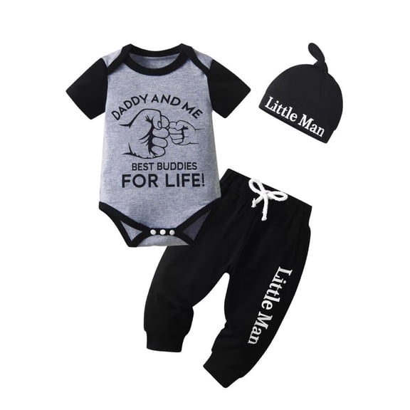 Newborn Baby Boy Clothes Letter Long Sleeve Romper Pants Hat 3PCS Outfits Set Black 0-3 Months