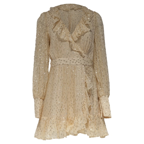 Pre-Owned Zimmermann Metallic Frill Wrap Mini Dress in Yellow Silk