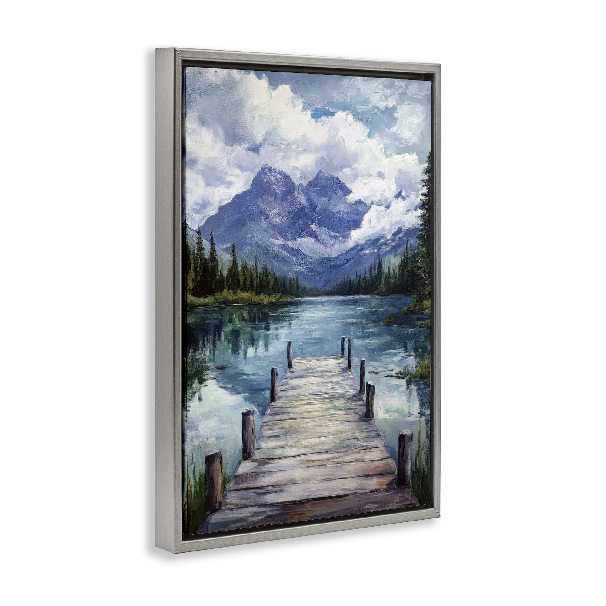 Stupell Industries Weathered Dock on Mountain Lake Gray Framed Floater Canvas Wall Art, design by Petal Prints Design
