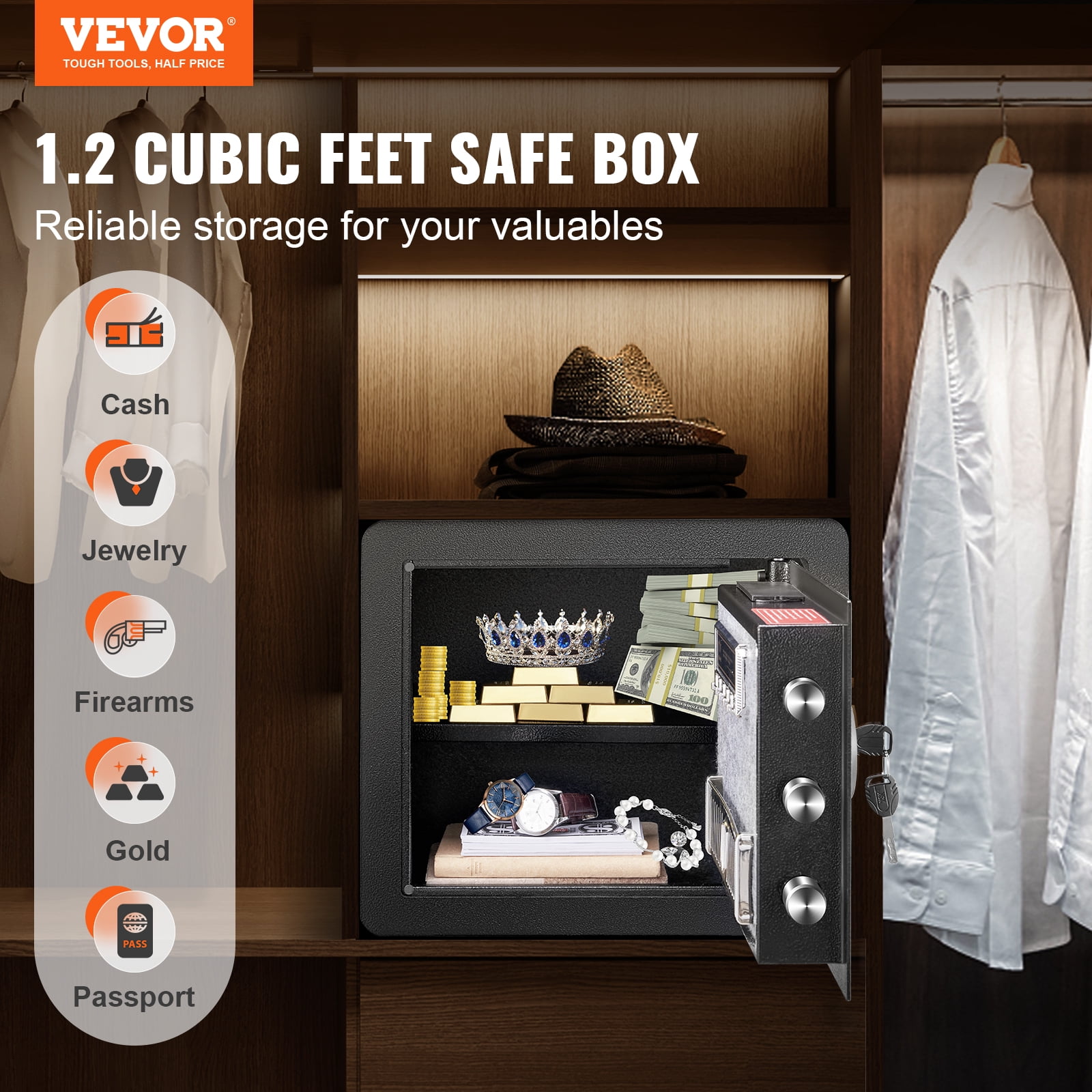 VEVOR Safe, 1.2 Cubic Feet Home Safe, Steel Security Safe with Digital Keypad and 2 Keys, Cabinet Safe with Fire-proof Bag, Protect Cash, Gold, Jewelry, Documents for Home, Hotel, 15.8x11.8x13.8 in