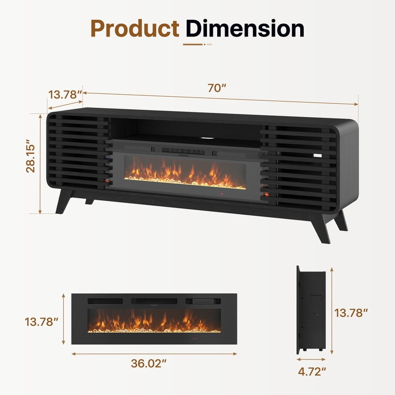 BaPiPro Mid‑Century Modern Fireplace TV Stand with 36 Inch Electric Fireplace 12‑Color RGB LED Lights Fits TVs up to 80 Inch Wood Media Console with Slatted Sliding Doors for Living Room Black