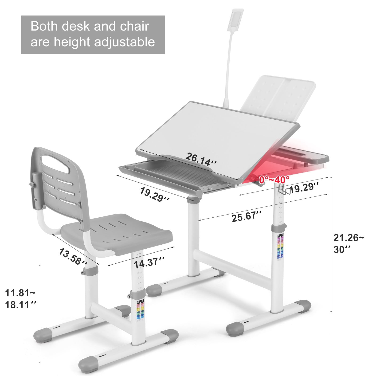 Kids Study Desk and Chair Set Children Height Adjustable Large Writing Board Table with LED Lamp, Drawer, Bookstand (Gray)