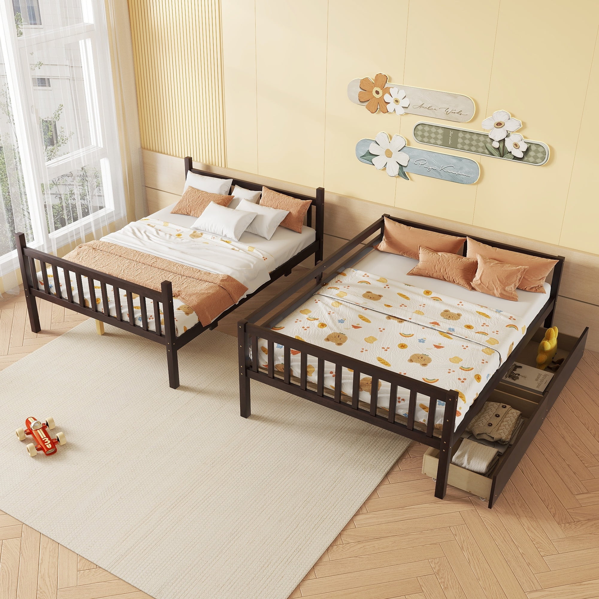 Sailvan full Over full Rubber Wood Bunk Bed with 2 Drawers, Convertible into 2 full Beds with Ladder