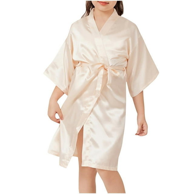 2025 Kid's Girls Silky Satin Solid Color Short Kimono Robe For Wedding Birthday 2-14 Years Gold