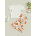 thumbnail image 4 of Wassery Toddler Baby Girls Summer Outfits Letter Print Short Sleeve Tops Crew Neck T-shirt with Floral Flare Long Pants 2Pcs Set 6M-4T, 4 of 8
