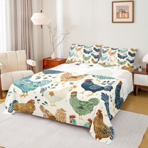 jejeloiu Colorful Chicken Bed Sheets,Boho Print King Sheets,Retro Farm Lodge Sheet Set,Super Cozy Room Decor,4 Pieces