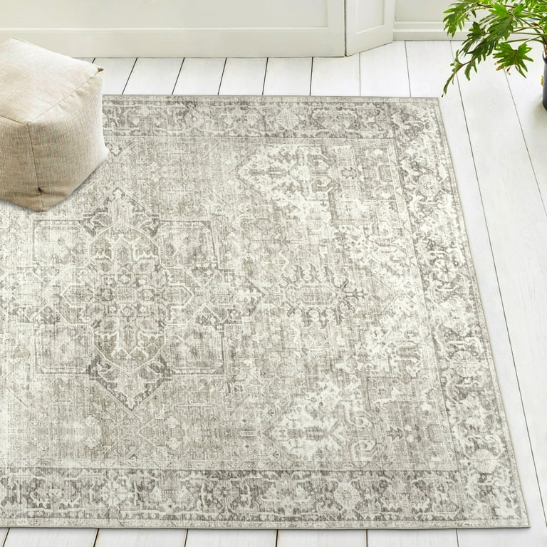 Tinka Beige and Grey Traditional Distressed Washable Rug