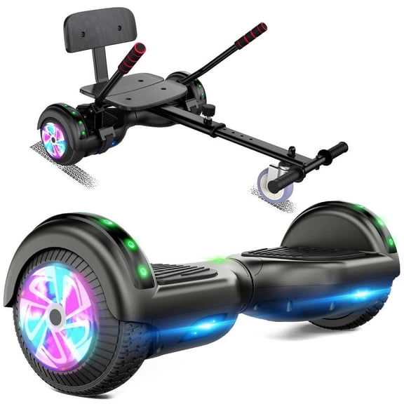 SISIGAD Hoverboard with Seat Attachment 6.5" Hoverboard Go Kart Combo, Built-in Bluetooth Speaker and LED Lights, Black