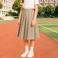 thumbnail image 4 of Hzzrkos Girls Casual Loose Solid Color High Waist Pleated A Line Mid Length School Uniform Skirt Academic Style Elastic Waist Swing Skirt Khaki, 4 of 9