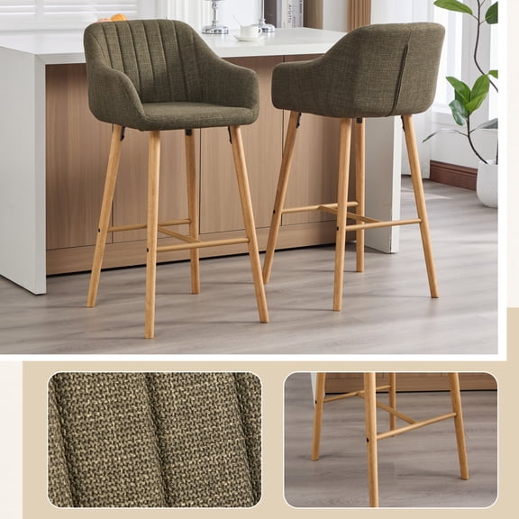Lisonu Modern Linen Bar Stools Set of 2 — Green Upholstered Counter/Bar Chairs with Back, Arms & Footrest, Solid Oak Legs, 29.53in Seat Height, 350lb Capacity